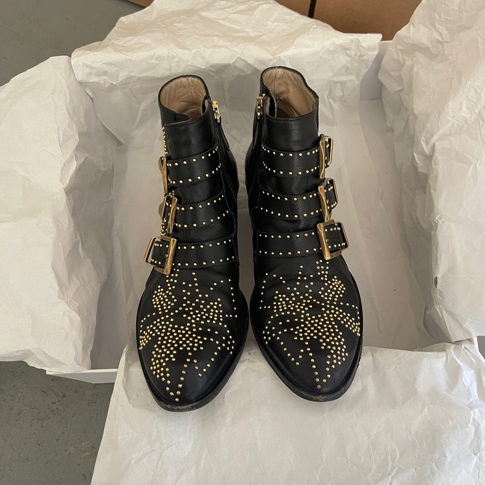 Chloe Black and Gold Ankle Boots with Studded Design